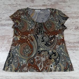 Boho Paisley Short Sleeve Cinched Pleated Ruffly Flowy Blouse Top